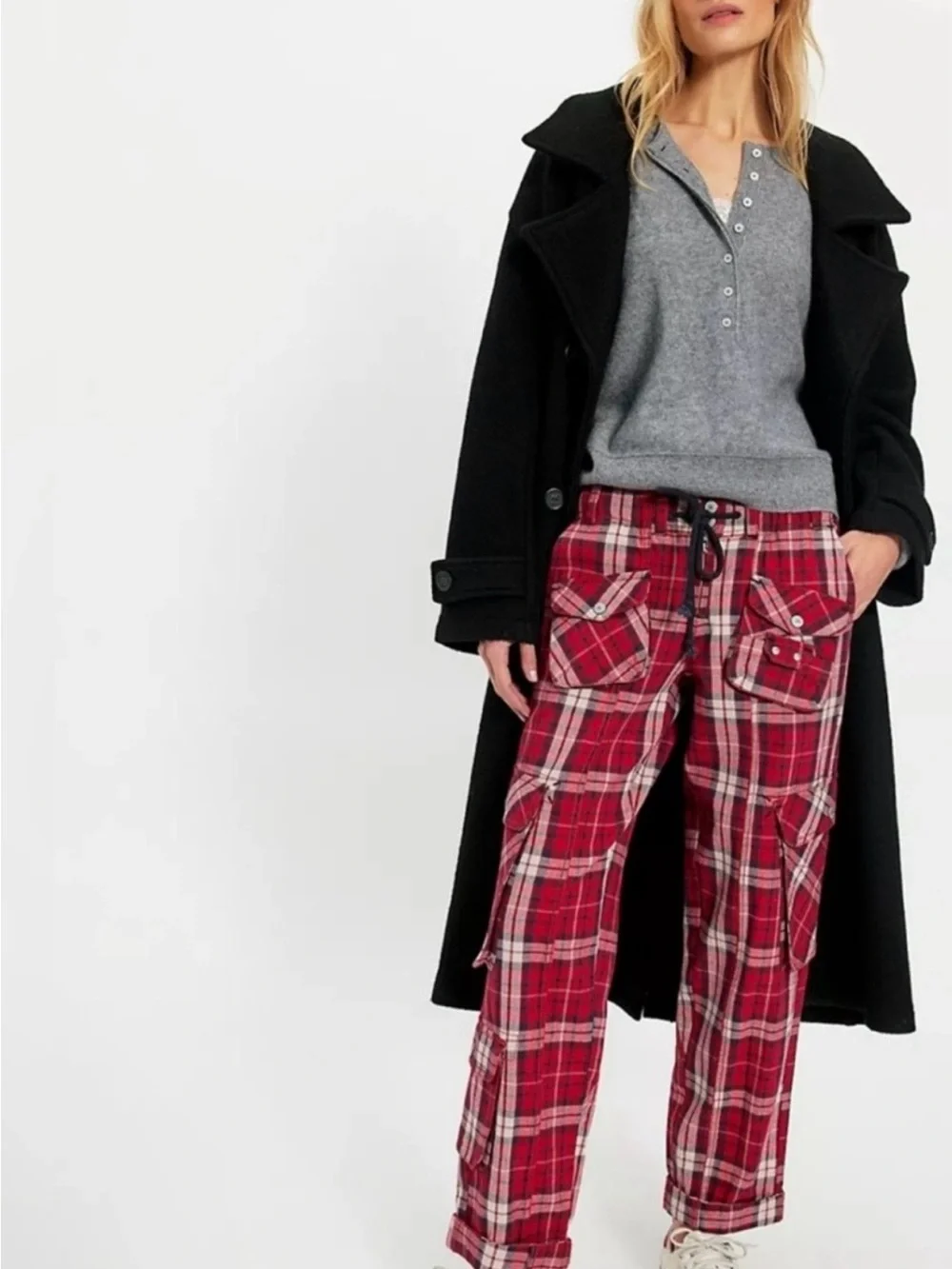 Free People Tahiti Cargo Pants Red Plaid NWT Size M MSRP $168